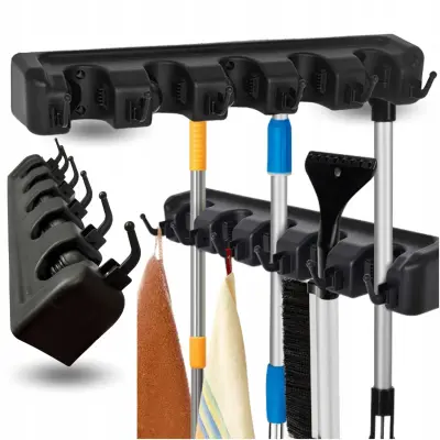 Univerzalni stenski nosilec ročajev za 5 pripomočkov črn