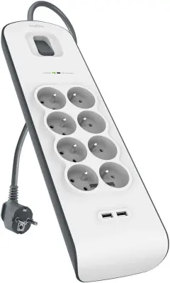 Belkin BSV804ca2M Prenapetostna zaščita 8 vtičnic 900 J 2 x USB 2.0 2.4 A z 2 m kabla bela/siva