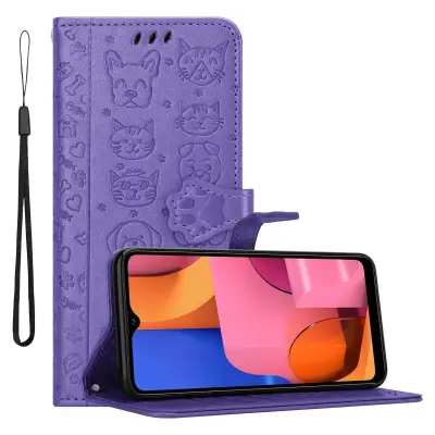 CADORABO Samsung Galaxy A20s v bleščeča vijolična - Simpatični psi in mačke, zaščitni ovitek s funkcijo stojala in režami za kartice