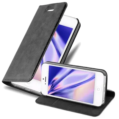 Cadorabo Ohišje, združljivo z Apple iPhone 5 / 5S / SE 2016 v nočna črna - Zaščitni ovitek z magnetnim zapiranjem, stoječo funkcijo in režo za kartice