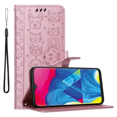 CADORABO Samsung Galaxy A10/M10 v svetleče rožnato zlato - Simpatični psi in mačke, zaščitni ovitek s funkcijo stojala in režami za kartice