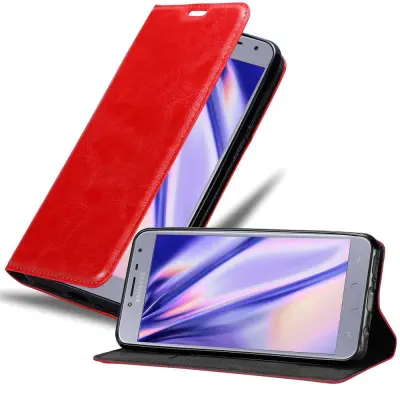 Cadorabo Ohišje, združljivo z Samsung Galaxy J4 2018 v rdeče jabolko - Zaščitni ovitek z magnetnim zapiranjem, stoječo funkcijo in režo za kartice