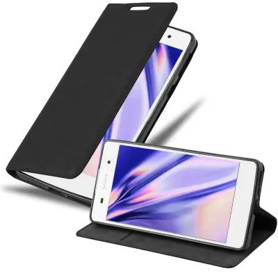 Cadorabo Ohišje, združljivo z Sony Xperia E5 v nočna črna - Zaščitni ovitek z magnetnim zapiranjem, stoječo funkcijo in režo za kartice