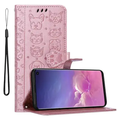 CADORABO Samsung Galaxy S10 4G v svetleče rožnato zlato - Simpatični psi in mačke, zaščitni ovitek s funkcijo stojala in režami za kartice