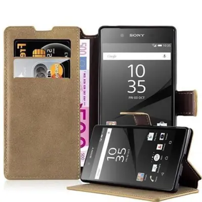 Cadorabo Ohišje, združljivo z Sony Xperia Z5 v mat peščeno rjava - Zaščitni ovitek s funkcijo stojala in režo za kartice v retro dizajnu