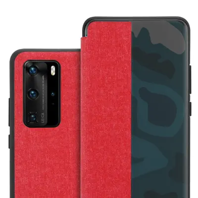 Cadorabo Ohišje, združljivo z Huawei P40 PRO / P40 PRO+ v rdeča - Pametni ovitek v videzu vlaken - Zaščitni ovitek s funkcijo stojala