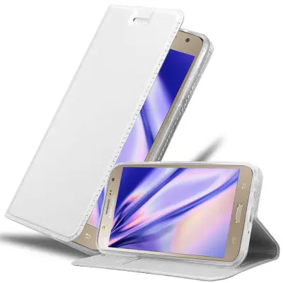 Cadorabo Ohišje, združljivo z Samsung Galaxy J7 2015 v klasično srebrno - Zaščitni ovitek z magnetnim zapiranjem, stoječo funkcijo in režo za kartice