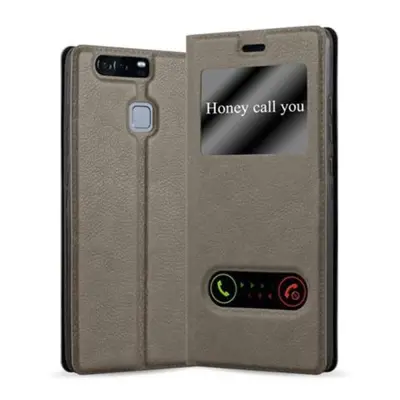 Cadorabo Ohišje, združljivo z Huawei P9 v kamnito rjava - Zaščitni ovitek z magnetnim zapiranjem, stoječo funkcijo in 2 okencema za gledanje