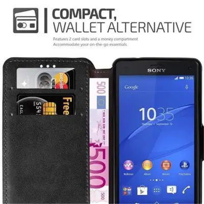 Cadorabo Ohišje, združljivo z Sony Xperia Z3 COMPACT v mat črna - Zaščitni ovitek s funkcijo stojala in režo za kartice v retro dizajnu