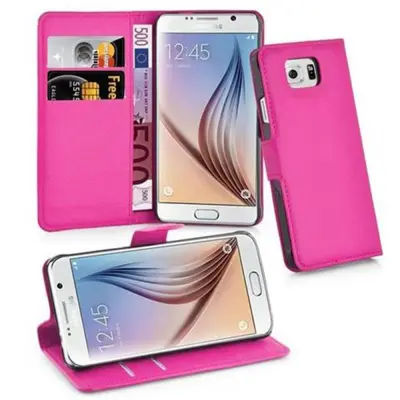 Cadorabo Ohišje, združljivo z Samsung Galaxy S6 v vroča rožnata - Zaščitni ovitek z magnetnim zapiranjem, stoječo funkcijo in režo za kartice