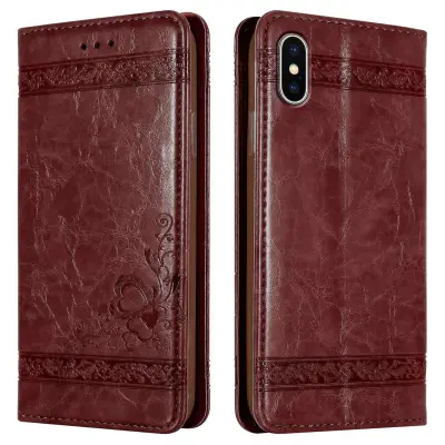 CADORABO Apple iPhone XS MAX v temno rdeča z okraski - Zaščitni ovitek z magnetnim zapiranjem, funkcijo stojala in režo za kartice