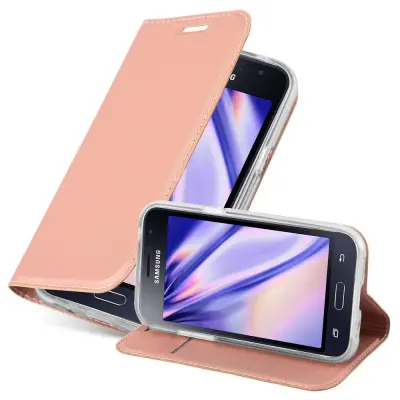 CADORABO Samsung Galaxy J1 2016 v klasična rožnata zlata - Zaščitni ovitek z magnetnim zapiranjem, stoječo funkcijo in režo za kartice