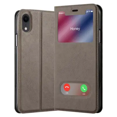 Cadorabo Ohišje, združljivo z Apple iPhone XR v kamnito rjava - Zaščitni ovitek z magnetnim zapiranjem, stoječo funkcijo in 2 okencema za gledanje