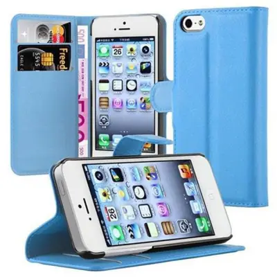 CADORABO Apple iPhone 5/5S/SE 2016 v nebesno modra - Zaščitni ovitek z magnetnim zapiranjem, stoječo funkcijo in režo za kartice