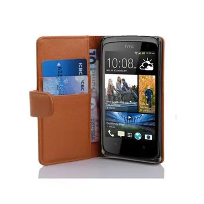 Cadorabo Ohišje, združljivo z HTC Desire 500 v sedlo rjave barve - Zaščitni ovitek iz teksturiranega umetnega usnja in žep za kartice