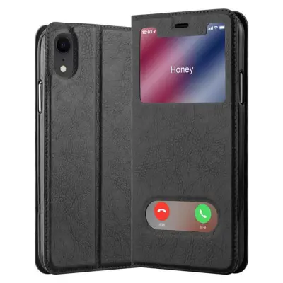 Cadorabo Ohišje, združljivo z Apple iPhone XR v črni komet - Zaščitni ovitek z magnetnim zapiranjem, stoječo funkcijo in 2 okencema za gledanje