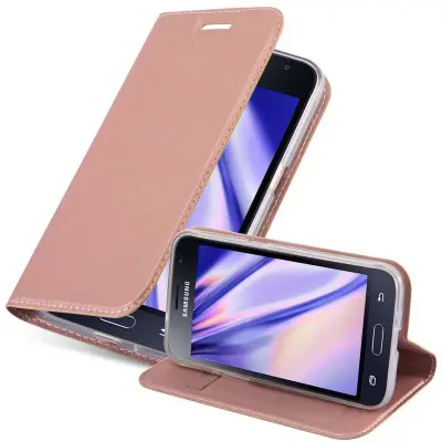 CADORABO Samsung Galaxy J1 2015 v klasična rožnata zlata - Zaščitni ovitek z magnetnim zapiranjem, stoječo funkcijo in režo za kartice