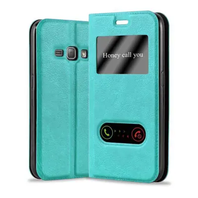 CADORABO Samsung Galaxy J1 2015 v mint turquoise - Zaščitni ovitek z magnetnim zapiranjem, stoječo funkcijo in 2 okencema za gledanje