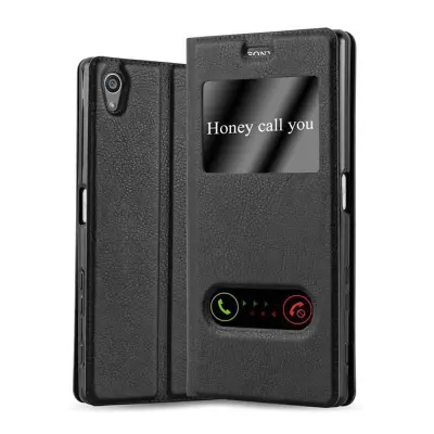 Cadorabo Ohišje, združljivo z Sony Xperia Z5 PREMIUM v črni komet - Zaščitni ovitek z magnetnim zapiranjem, stoječo funkcijo in 2 okencema za gledanje