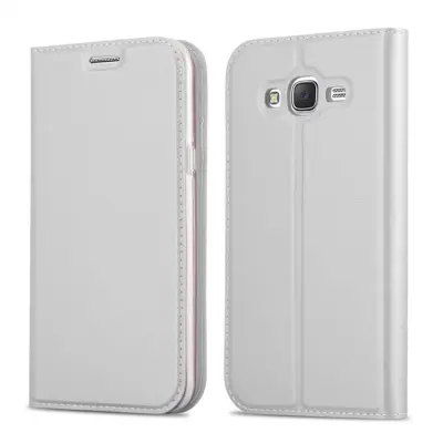 CADORABO Samsung Galaxy GRAND PRIME v klasično srebrno - Zaščitni ovitek z magnetnim zapiranjem, stoječo funkcijo in režo za kartice
