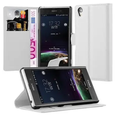 Cadorabo Ohišje, združljivo z Sony Xperia Z1 v snežno bela - Zaščitni ovitek z magnetnim zapiranjem, stoječo funkcijo in režo za kartice