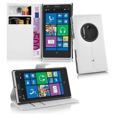 Cadorabo Ohišje, združljivo z Nokia Lumia 1020 v snežno bela - Zaščitni ovitek iz teksturiranega umetnega usnja in žep za kartice