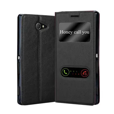 CADORABO Sony Xperia M2/M2 AQUA v črni komet - Zaščitni ovitek z magnetnim zapiranjem, stoječo funkcijo in 2 okencema za gledanje