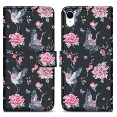 CADORABO Ohišje, združljiv z Apple - Design Crane & Flowers št. 9 - Zaščitni pokrov z magnetnim zapiranjem, funkcijo stojala in režo za kartico