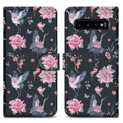 CADORABO Ohišje, združljiv s Samsungom - Design Crane & Flowers št. 9 - Zaščitni pokrov z magnetnim zapiranjem, funkcijo stojala in režo za kartico