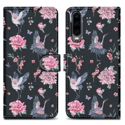 CADORABO Ohišje, združljiv s Huawei - Design Crane & Flowers št. 9 - Zaščitni pokrov z magnetnim zapiranjem, funkcijo stojala in režo za kartico