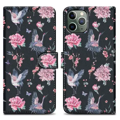CADORABO Ohišje, združljiv z Apple - Design Crane & Flowers št. 9 - Zaščitni pokrov z magnetnim zapiranjem, funkcijo stojala in režo za kartico