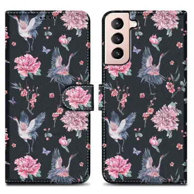 CADORABO Ohišje, združljiv s Samsungom - Design Crane & Flowers št. 9 - Zaščitni pokrov z magnetnim zapiranjem, funkcijo stojala in režo za kartico