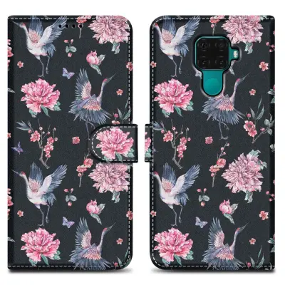 CADORABO Ohišje, združljiv s Huawei - Design Crane & Flowers št. 9 - Zaščitni pokrov z magnetnim zapiranjem, funkcijo stojala in režo za kartico