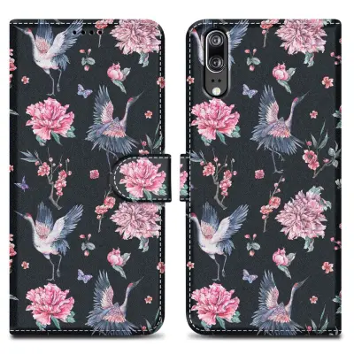 CADORABO Ohišje, združljiv s Huawei - Design Crane & Flowers št. 9 - Zaščitni pokrov z magnetnim zapiranjem, funkcijo stojala in režo za kartico