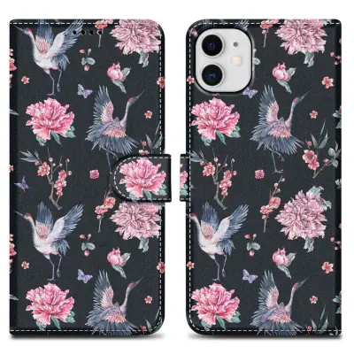 CADORABO Ohišje, združljiv z Apple - Design Crane & Flowers št. 9 - Zaščitni pokrov z magnetnim zapiranjem, funkcijo stojala in režo za kartico
