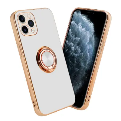 CADORABO Apple v sijajnem belem - zlatu z obročem silikonski/TPU ovitek z zaščito pred kamero in držalom magnetnega avtomobila