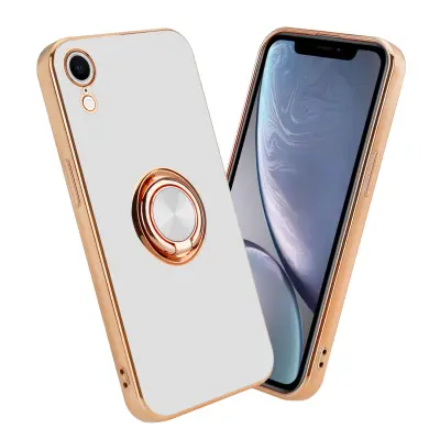 CADORABO Apple v sijajnem belem - zlatu z obročem silikonski/TPU ovitek z zaščito pred kamero in držalom magnetnega avtomobila