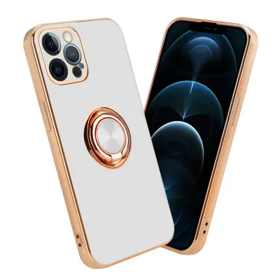 CADORABO Apple v sijajnem belem - zlatu z obročem silikonski/TPU ovitek z zaščito pred kamero in držalom magnetnega avtomobila