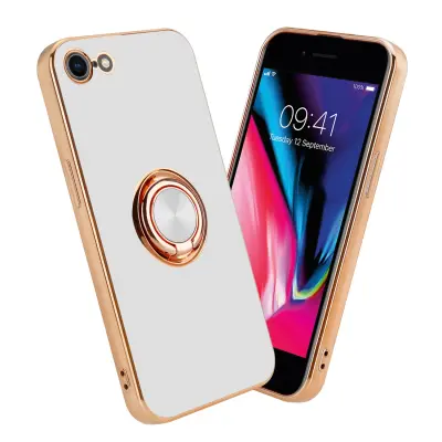 CADORABO Apple v sijajnem belem - zlatu z obročem silikonski/TPU ovitek z zaščito pred kamero in držalom magnetnega avtomobila