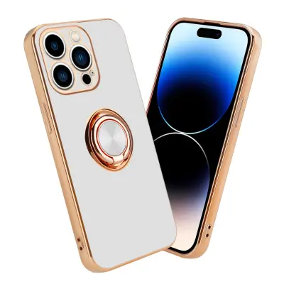 CADORABO Apple v sijajnem belem - zlatu z obročem silikonski/TPU ovitek z zaščito pred kamero in držalom magnetnega avtomobila