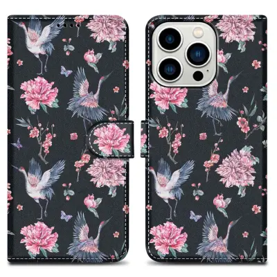CADORABO Ohišje, združljiv z Apple - Design Crane & Flowers št. 9 - Zaščitni pokrov z magnetnim zapiranjem, funkcijo stojala in režo za kartico
