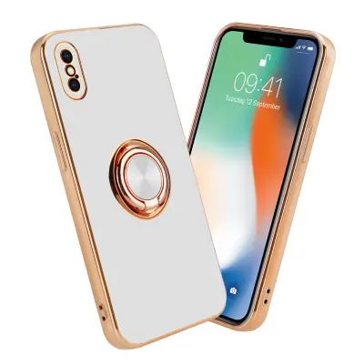 CADORABO Apple v sijajnem belem - zlatu z obročem silikonski/TPU ovitek z zaščito pred kamero in držalom magnetnega avtomobila