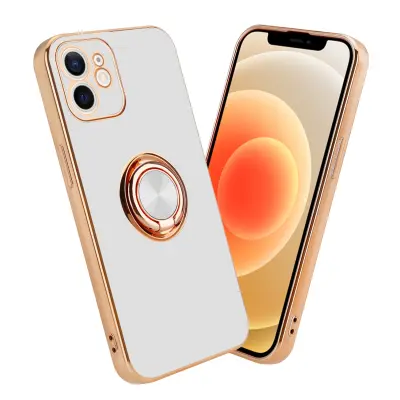 CADORABO Apple v sijajnem belem - zlatu z obročem silikonski/TPU ovitek z zaščito pred kamero in držalom magnetnega avtomobila