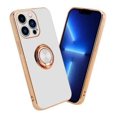 CADORABO Apple v sijajnem belem - zlatu z obročem silikonski/TPU ovitek z zaščito pred kamero in držalom magnetnega avtomobila