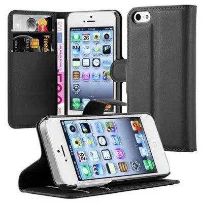 CADORABO Apple iPhone 5/5S/SE 2016 v oksidna črna - Zaščitni ovitek z magnetnim zapiranjem, stoječo funkcijo in režo za kartice