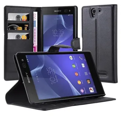 Cadorabo Ohišje, združljivo z Sony Xperia C3 v oksidna črna - Zaščitni ovitek z magnetnim zapiranjem, stoječo funkcijo in režo za kartice