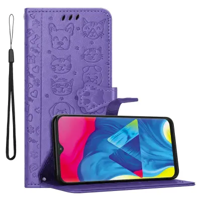 CADORABO Samsung Galaxy A10/M10 v bleščeča vijolična - Simpatični psi in mačke, zaščitni ovitek s funkcijo stojala in režami za kartice