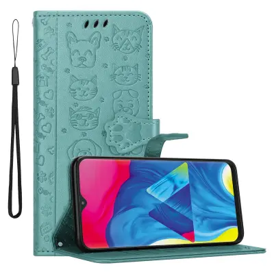 CADORABO Samsung Galaxy A10/M10 v bleščeča zelena - Simpatični psi in mačke, zaščitni ovitek s funkcijo stojala in režami za kartice
