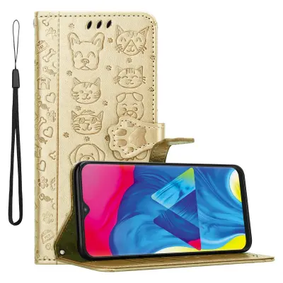CADORABO Samsung Galaxy A10/M10 v sijajno zlato - Simpatični psi in mačke, zaščitni ovitek s funkcijo stojala in režami za kartice