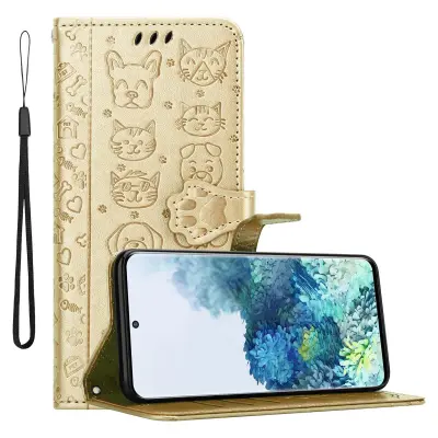 Cadorabo Ohišje, združljivo z Samsung Galaxy S20 v sijajno zlato - Simpatični psi in mačke, zaščitni ovitek s funkcijo stojala in režami za kartice